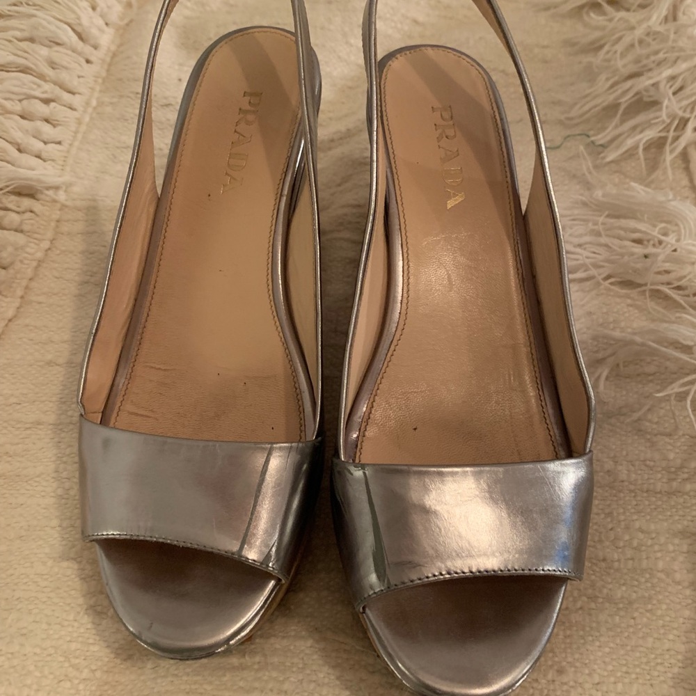 Prada pewter sling back wedges